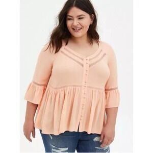 Torrid Babydoll Boho Button Up Tunic Top Size 1 X Pastel Peach Cottagecore Fairy
